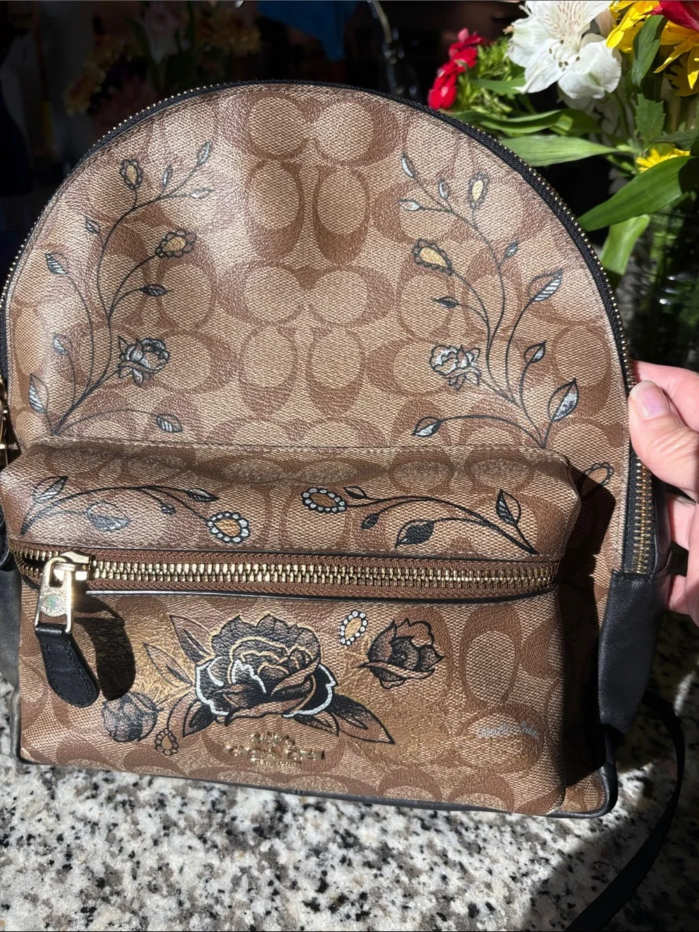 Coach Brown Signature Floral Mini Backpack with Gold Accents